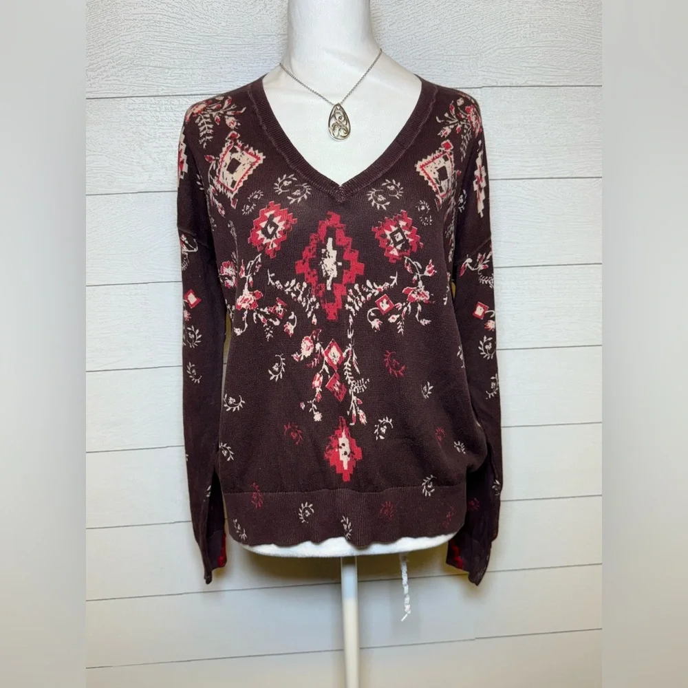 Sundance Glissade Plum V-Neck Print Sweater 100% Cotton Size Medium - Picture 2 of 6